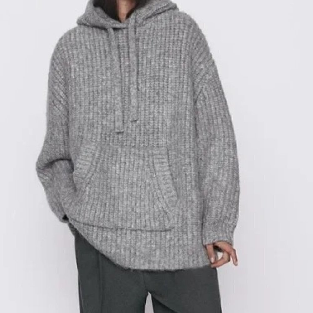 Zara Waffle Knit Kangaroo Hoodie Pocket Drop Shoulder Drawstring Hoodie Size Med